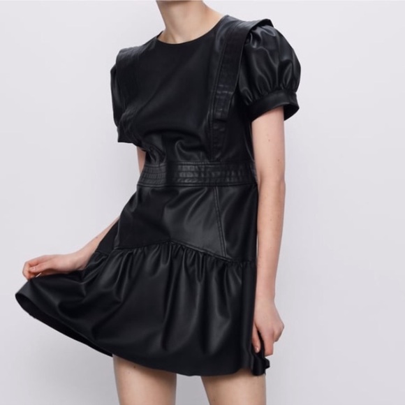 ZARA BLACK FAUX LEATHER PUFF SLEEVE DRESS RUFFLE - Picture 4 of 8